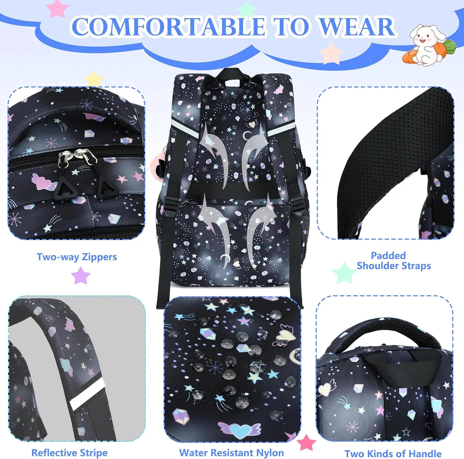 AO ALI VICTORY Backpack for Girls with Lunch Bag Pencil Case Kids School Bags for Kindergarten Elementary Middle Primary Schoolbag Cute 16 inch Laptop Bookbag Students 3 PCS Cute Bookbag, Black Set