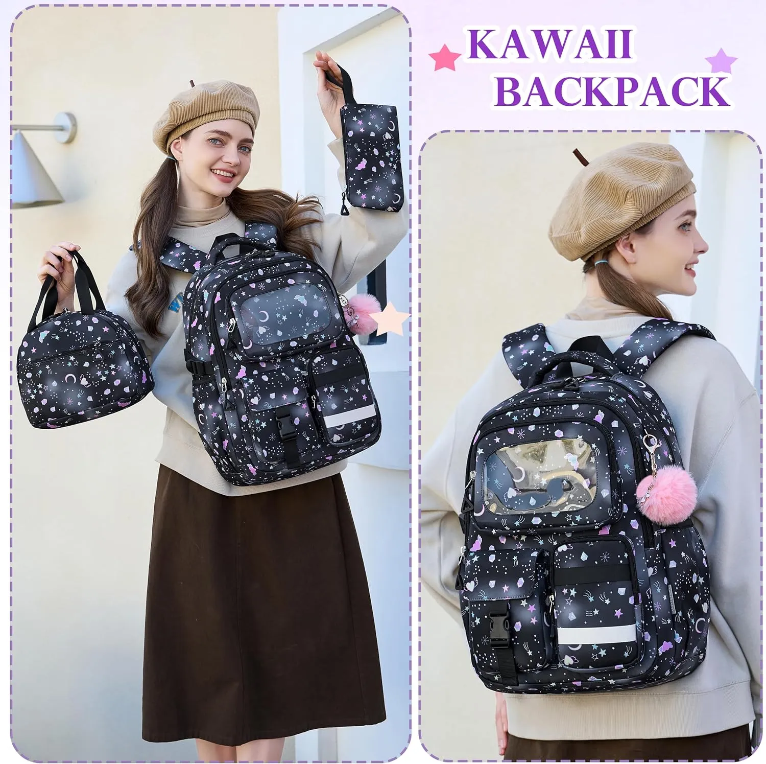AO ALI VICTORY Backpack for Girls with Lunch Bag Pencil Case Kids School Bags for Kindergarten Elementary Middle Primary Schoolbag Cute 16 inch Laptop Bookbag Students 3 PCS Cute Bookbag, Black Set