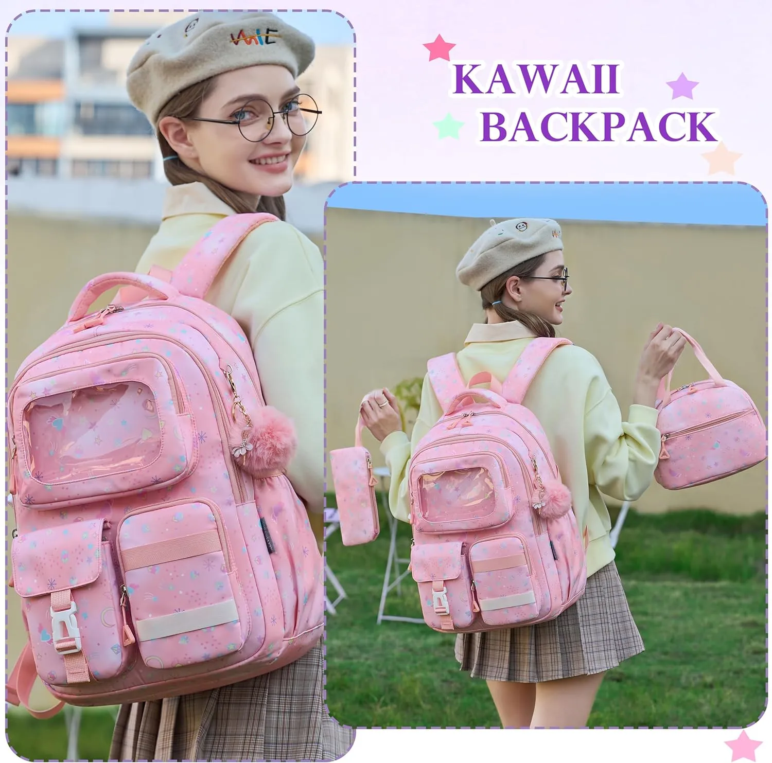 AO ALI VICTORY Backpack for Girls with Lunch Bag Pencil Case Kids School Bags for Kindergarten Elementary Middle Primary Schoolbag Cute 16 inch Laptop Bookbag Students 3 PCS Cute Bookbag, Pink Set