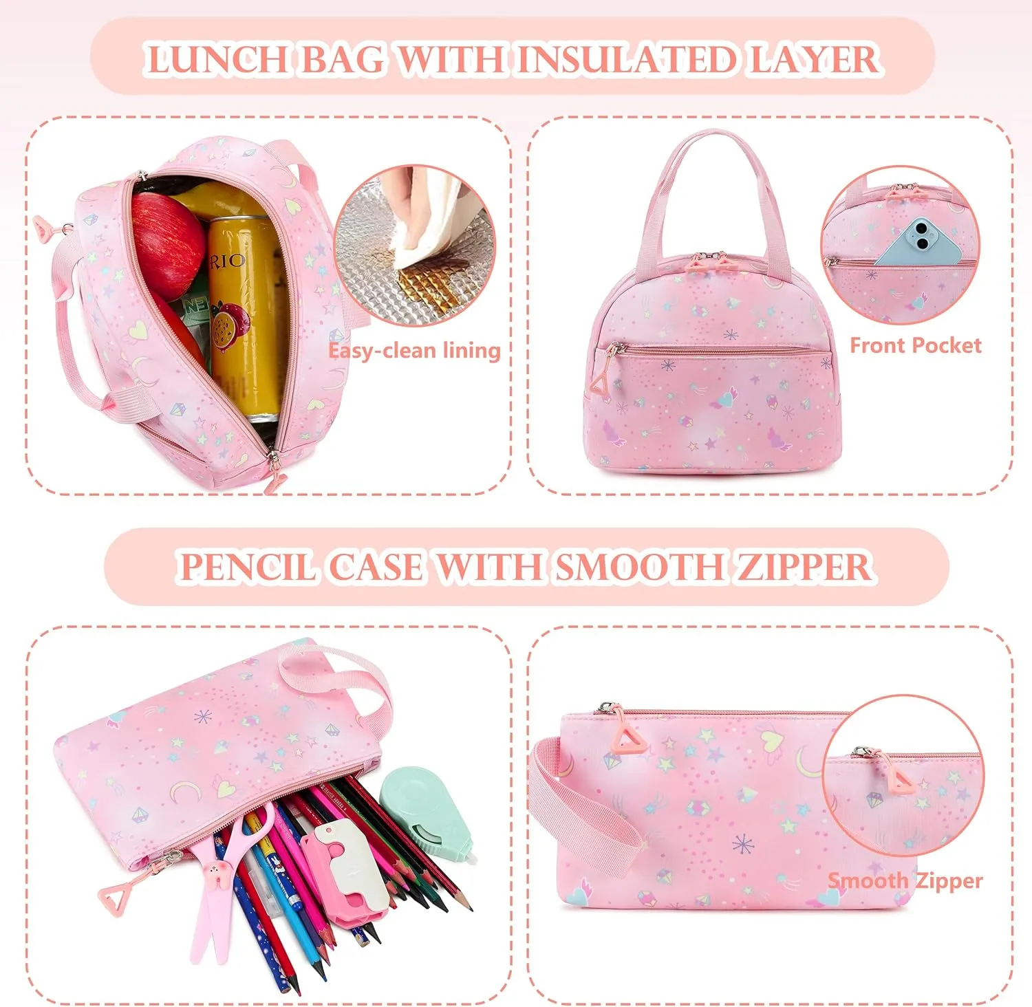AO ALI VICTORY Backpack for Girls with Lunch Bag Pencil Case Kids School Bags for Kindergarten Elementary Middle Primary Schoolbag Cute 16 inch Laptop Bookbag Students 3 PCS Cute Bookbag, Pink Set