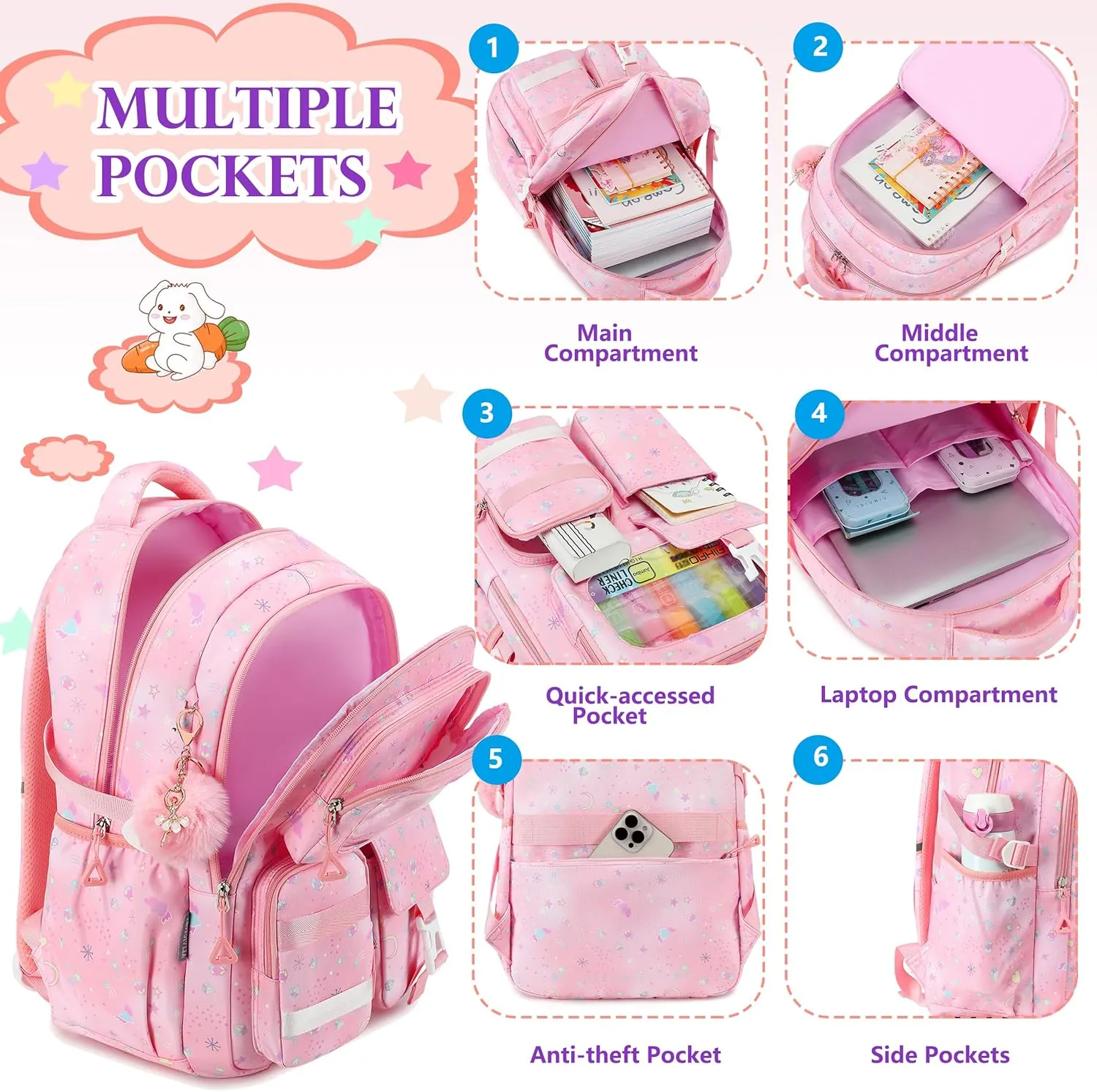 AO ALI VICTORY Backpack for Girls with Lunch Bag Pencil Case Kids School Bags for Kindergarten Elementary Middle Primary Schoolbag Cute 16 inch Laptop Bookbag Students 3 PCS Cute Bookbag, Pink Set