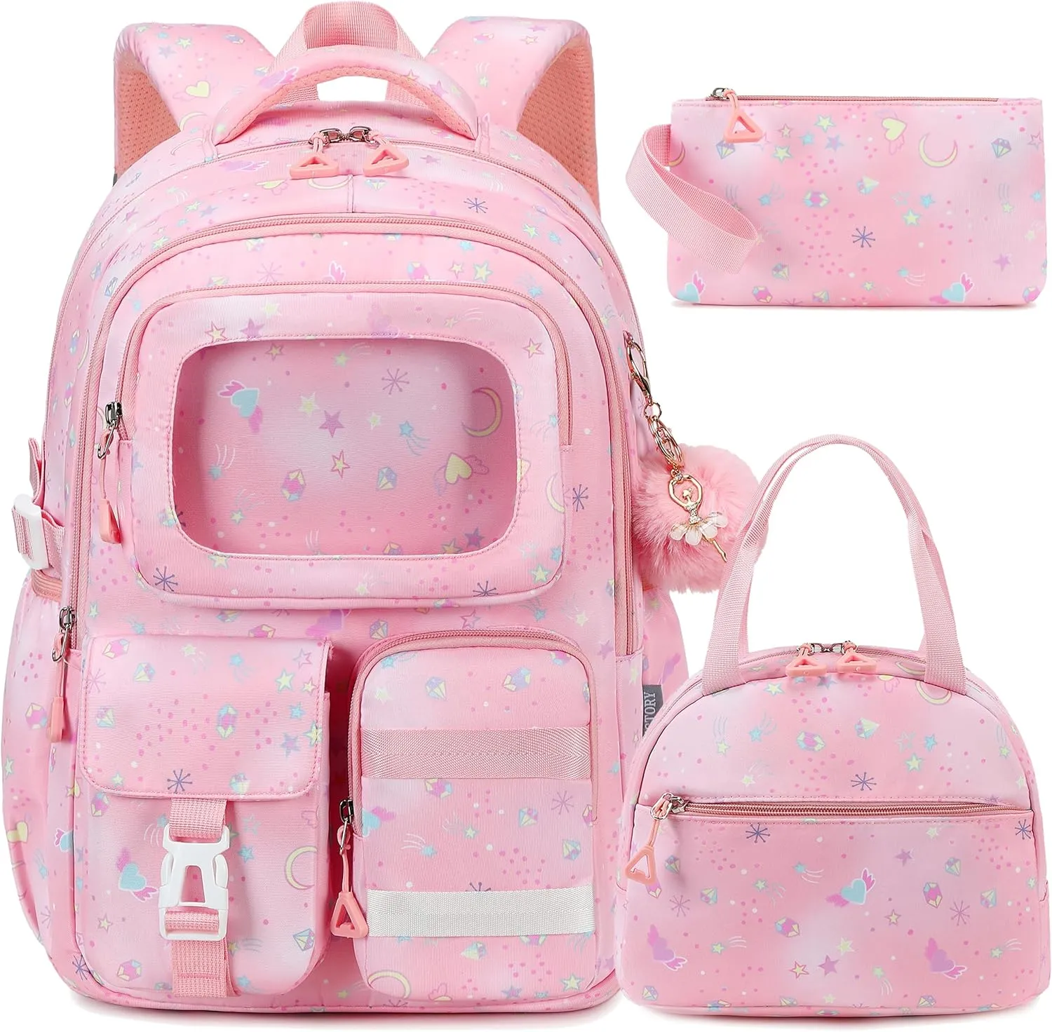 AO ALI VICTORY Backpack for Girls with Lunch Bag Pencil Case Kids School Bags for Kindergarten Elementary Middle Primary Schoolbag Cute 16 inch Laptop Bookbag Students 3 PCS Cute Bookbag, Pink Set