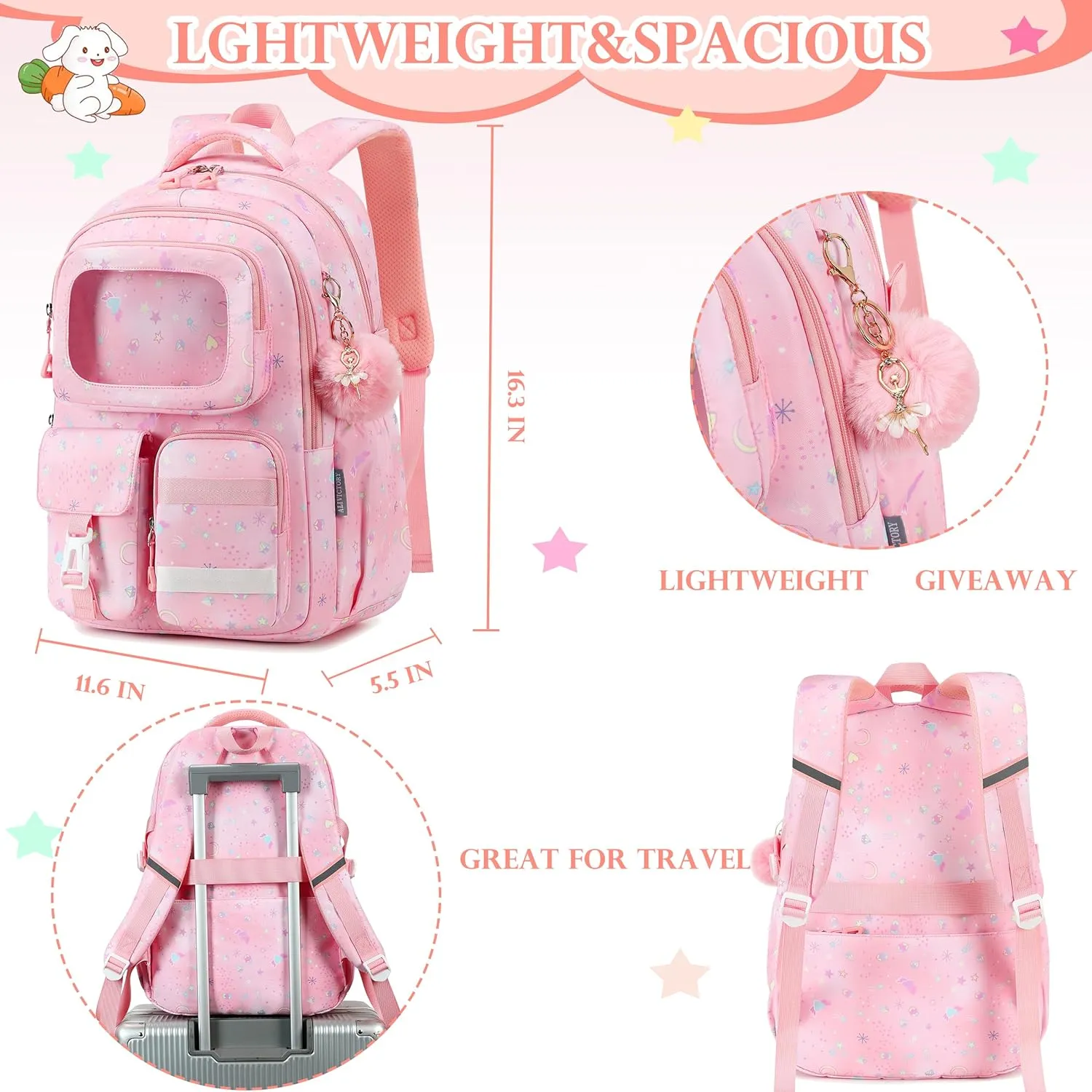 AO ALI VICTORY Backpack for Girls with Lunch Bag Pencil Case Kids School Bags for Kindergarten Elementary Middle Primary Schoolbag Cute 16 inch Laptop Bookbag Students 3 PCS Cute Bookbag, Pink Set