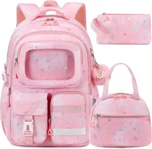 AO ALI VICTORY Backpack for Girls with Lunch Bag Pencil Case Kids School Bags for Kindergarten Elementary Middle Primary Schoolbag Cute 16 inch Laptop Bookbag Students 3 PCS Cute Bookbag, Pink Set