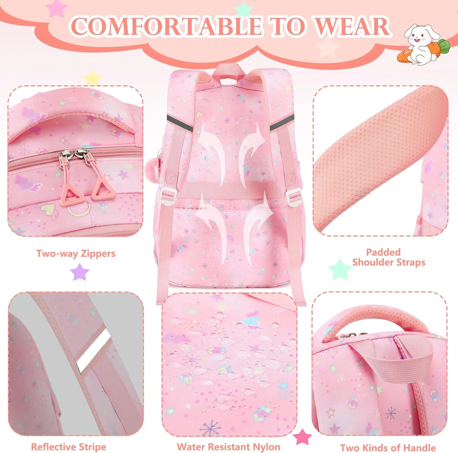 AO ALI VICTORY Backpack for Girls with Lunch Bag Pencil Case Kids School Bags for Kindergarten Elementary Middle Primary Schoolbag Cute 16 inch Laptop Bookbag Students 3 PCS Cute Bookbag, Pink Set