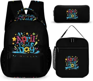 April Fool's Day Large Capacity Backpacks with Lunch Bag Pencil Case Set Resistant Daypack 3 Piece