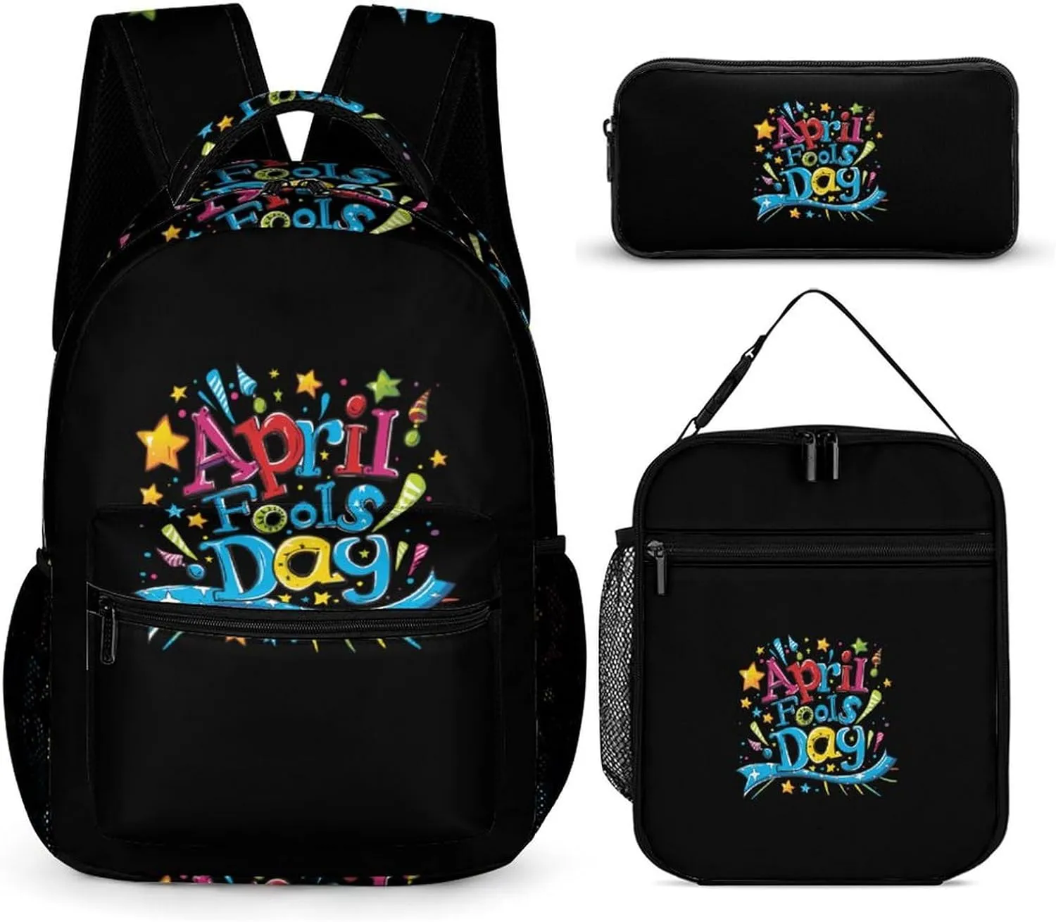 April Fool's Day Large Capacity Backpacks with Lunch Bag Pencil Case Set Resistant Daypack 3 Piece