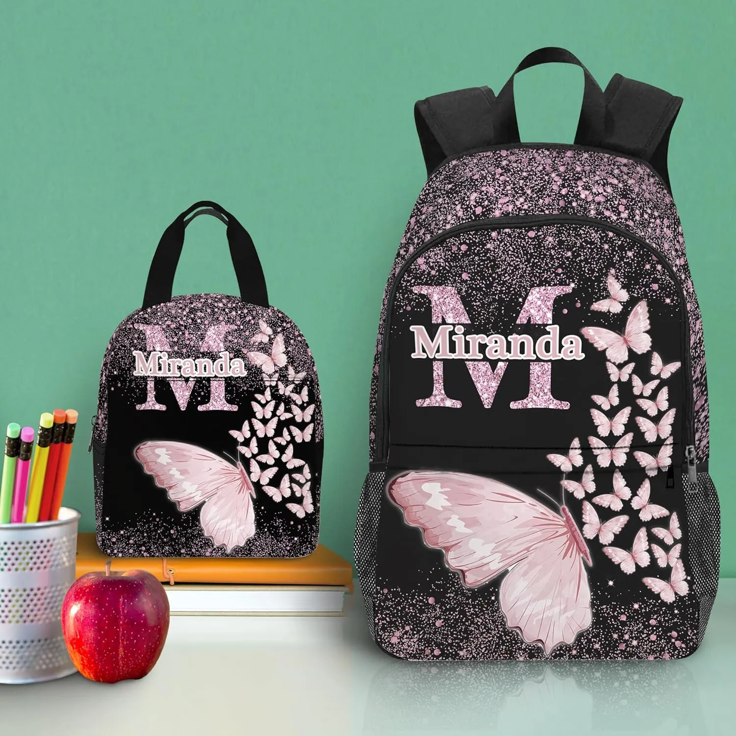 Artsadd Personalized Backpack for Girls Custom Kids Backpacks with Lunch Box Customized Name School Bookbag Shoulders Back to School Gifts for Daughter Fashion Unique Gift for Kindergarten