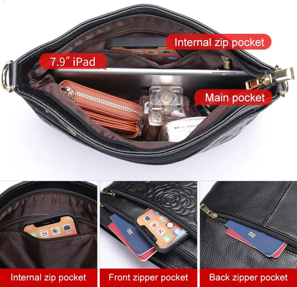 Aslana Floral-Embossed Genuine Leather Shoulder Crossbody Bag Handbag for Women