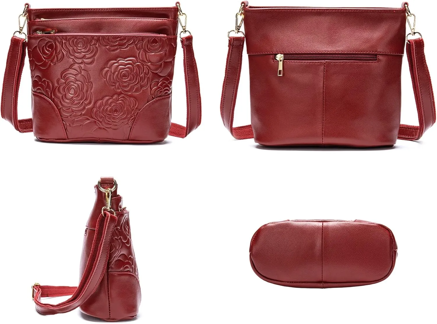 Aslana Floral-Embossed Genuine Leather Shoulder Crossbody Bag Handbag for Women