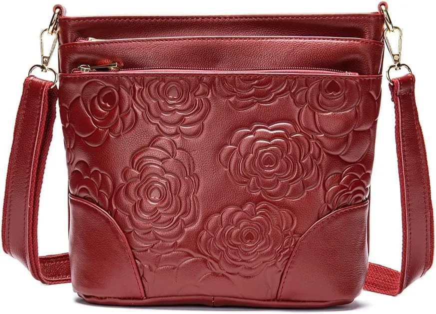 Aslana Floral-Embossed Genuine Leather Shoulder Crossbody Bag Handbag for Women