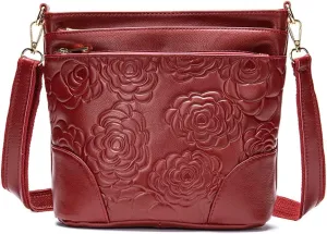 Aslana Floral-Embossed Genuine Leather Shoulder Crossbody Bag Handbag for Women