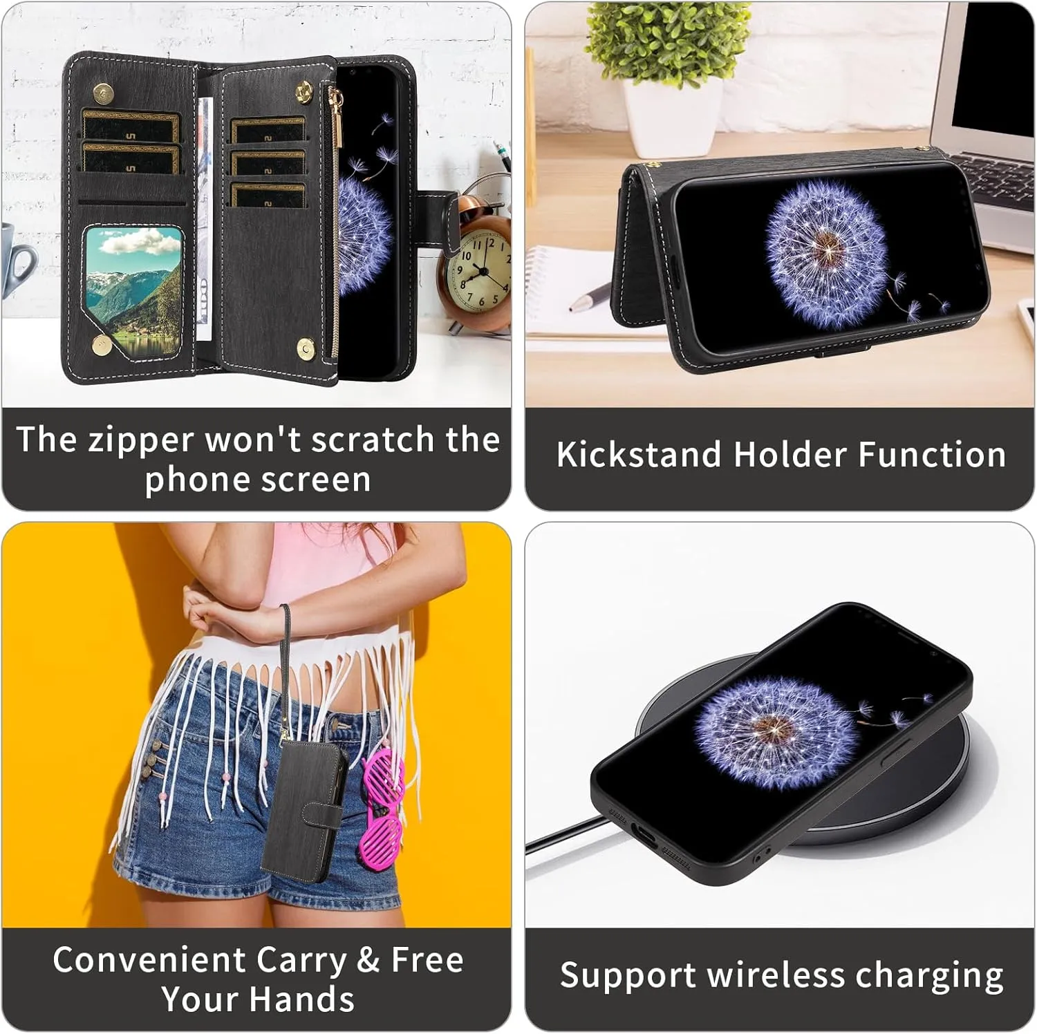 Asuwish Phone Case for Samsung Galaxy S9 Plus Zipper Wallet Magnetic Detachable Cell Cover with Tempered Glass Screen Protector Crossbody Strap Card Holder S9  9S 9  S 9 9plus S9plus Women Girls Black