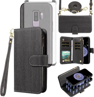 Asuwish Phone Case for Samsung Galaxy S9 Plus Zipper Wallet Magnetic Detachable Cell Cover with Tempered Glass Screen Protector Crossbody Strap Card Holder S9  9S 9  S 9 9plus S9plus Women Girls Black