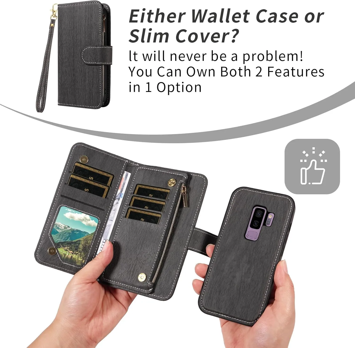 Asuwish Phone Case for Samsung Galaxy S9 Plus Zipper Wallet Magnetic Detachable Cell Cover with Tempered Glass Screen Protector Crossbody Strap Card Holder S9  9S 9  S 9 9plus S9plus Women Girls Black