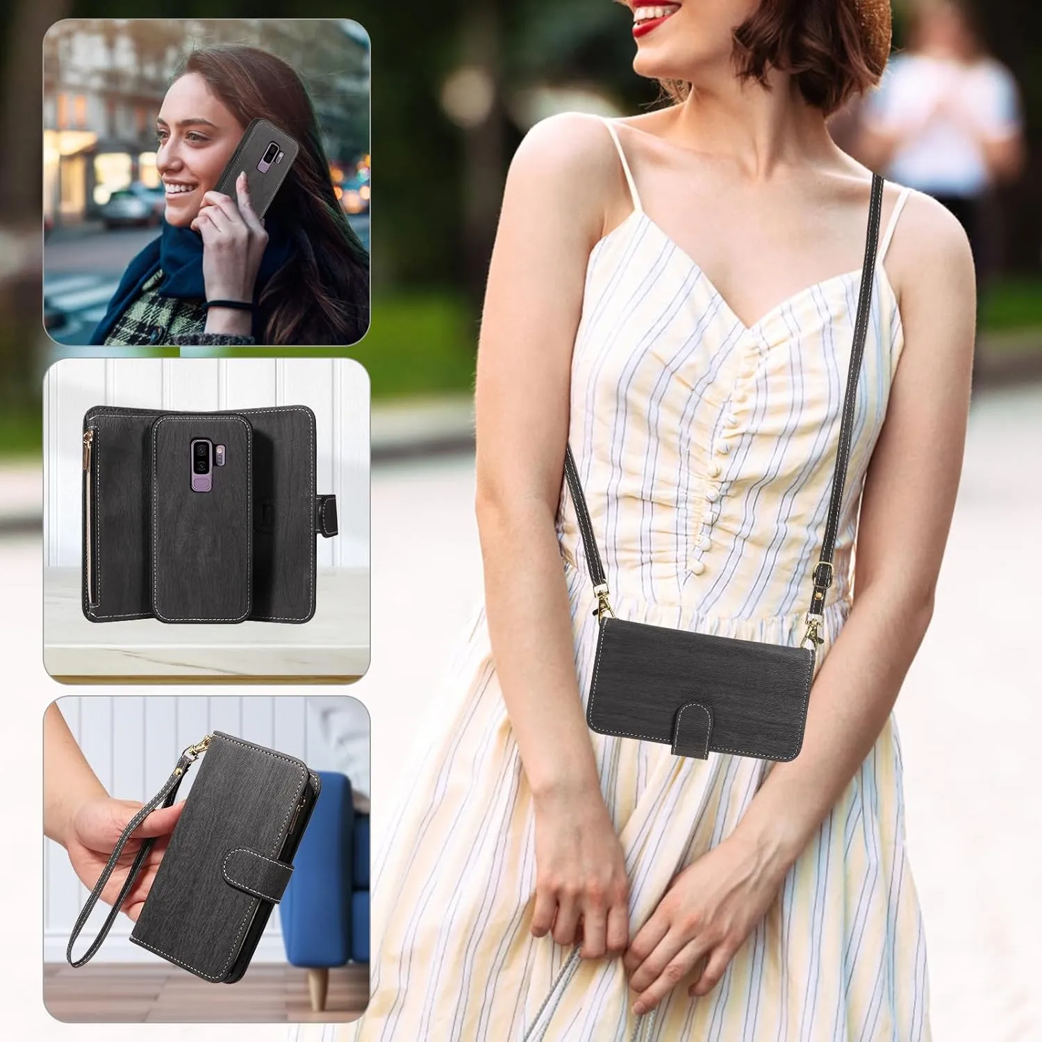 Asuwish Phone Case for Samsung Galaxy S9 Plus Zipper Wallet Magnetic Detachable Cell Cover with Tempered Glass Screen Protector Crossbody Strap Card Holder S9  9S 9  S 9 9plus S9plus Women Girls Black