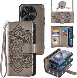 Asuwish Phone Case for TCL 50 XL 5G Zipper Wallet Magnetic Detachable Cell Cover with Tempered Glass Screen Protector Crossbody Lanyard Strap Mandala Flower Card Holder TCL50XL 50XL T702W Women Gray