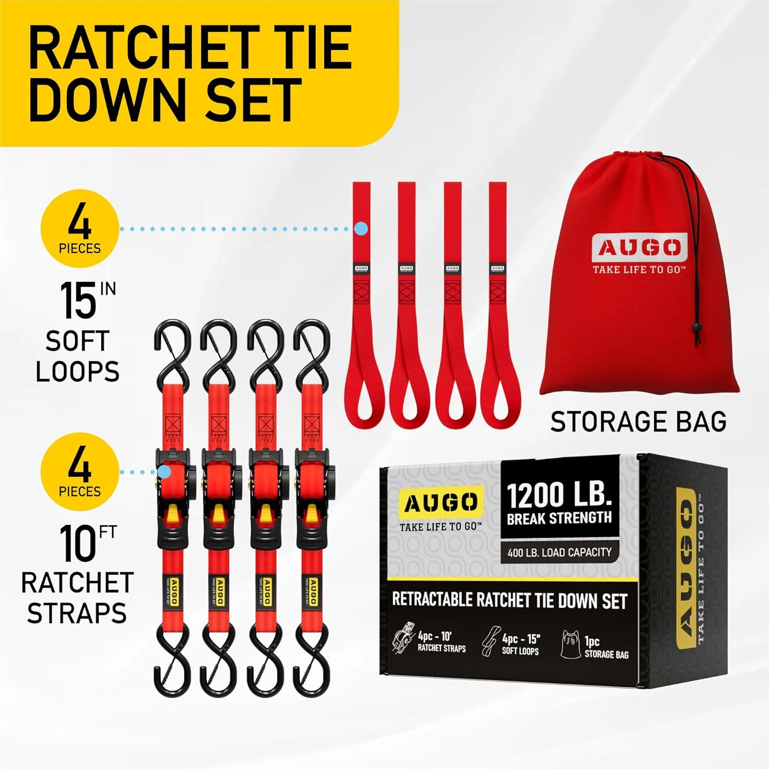 AUGO Retractable Ratchet Straps | 4 Heavy Duty Ratchet Straps Self Retractable Tie Downs with Soft Loops & Storage Bag for Motorcycle, Truck, Trailer, Cargo Van | 1200 Lb Break Strength 1” x 10’