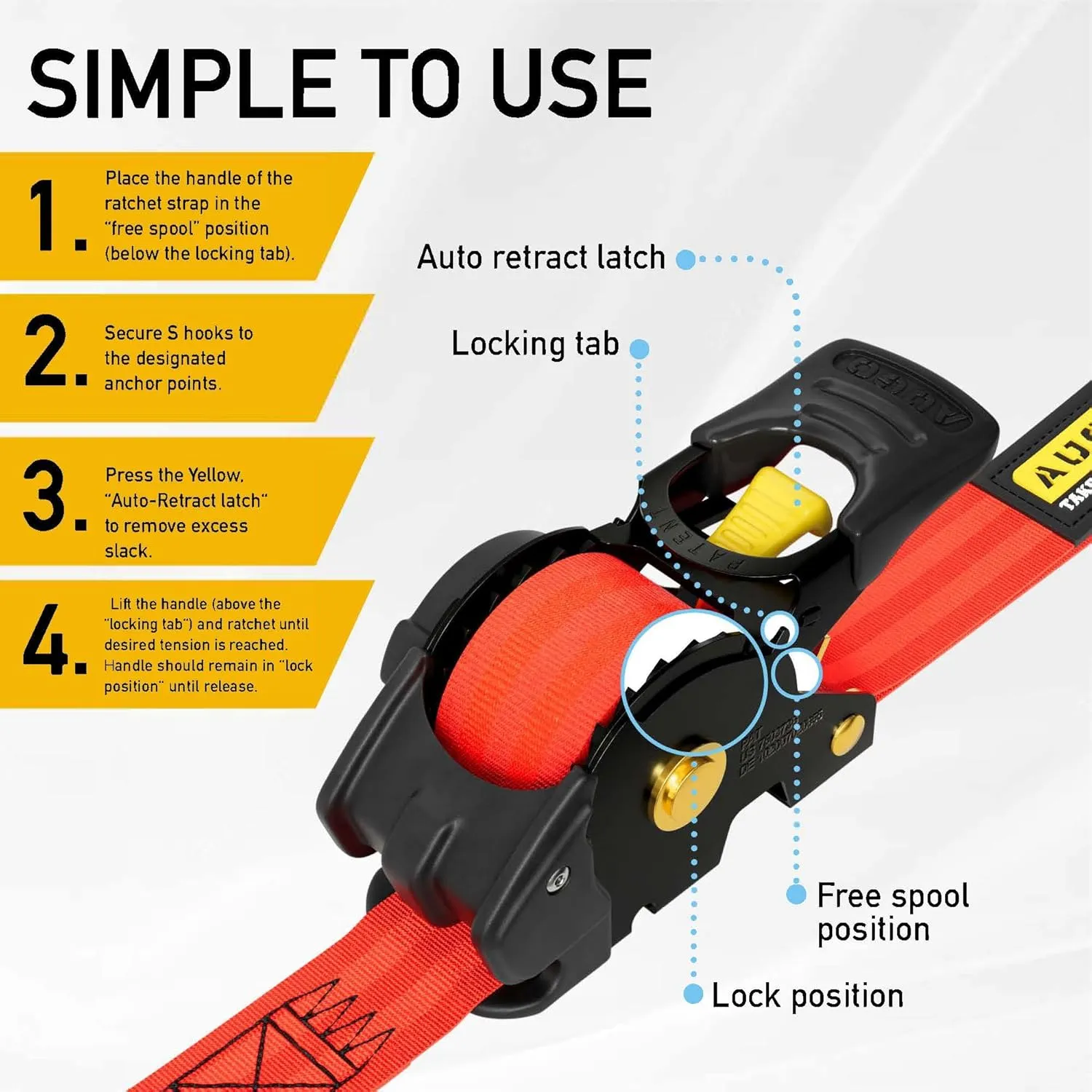 AUGO Retractable Ratchet Straps | 4 Heavy Duty Ratchet Straps Self Retractable Tie Downs with Soft Loops & Storage Bag for Motorcycle, Truck, Trailer, Cargo Van | 1200 Lb Break Strength 1” x 10’