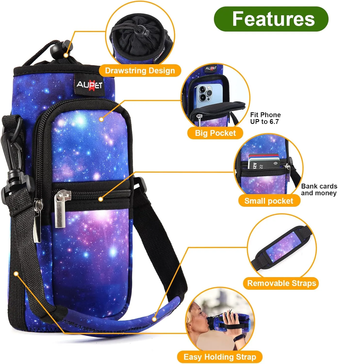AUPET Water Bottle Sling Bag Sleeve Holder Carrier 25/32/40/64 oz,Insulated Crossbody Water Bottle Case Cover with Strap and Pockets for Men/Women Walking Hiking Camping