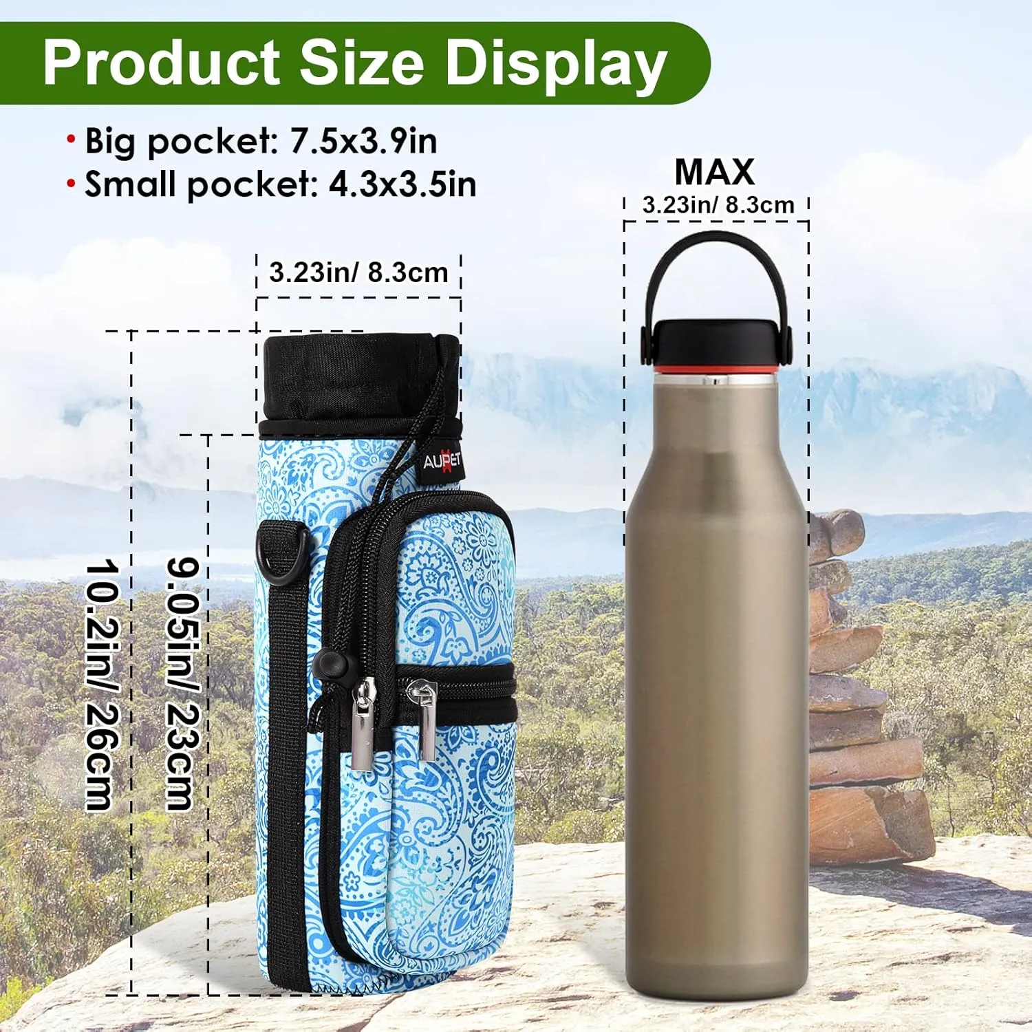 AUPET Water Bottle Sling Bag Sleeve Holder Carrier 25/32/40/64 oz,Insulated Crossbody Water Bottle Case Cover with Strap and Pockets for Men/Women Walking Hiking Camping