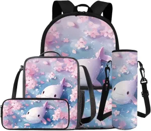 Axolotl Girls Backpack with Lunch Box Elementary Preschool Primary School Bag with Lunch Bag Children Student Bookbag Set for School 4 in1 Travel Daycare Rucksack for Teen Girls