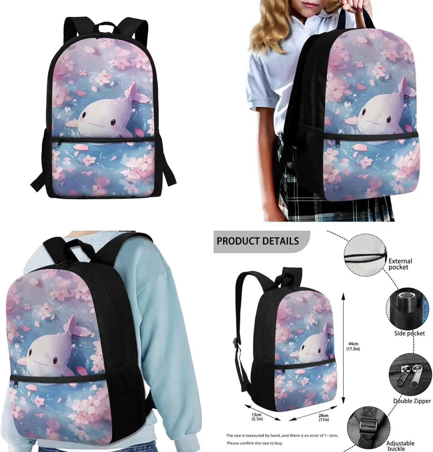 Axolotl Girls Backpack with Lunch Box Elementary Preschool Primary School Bag with Lunch Bag Children Student Bookbag Set for School 4 in1 Travel Daycare Rucksack for Teen Girls