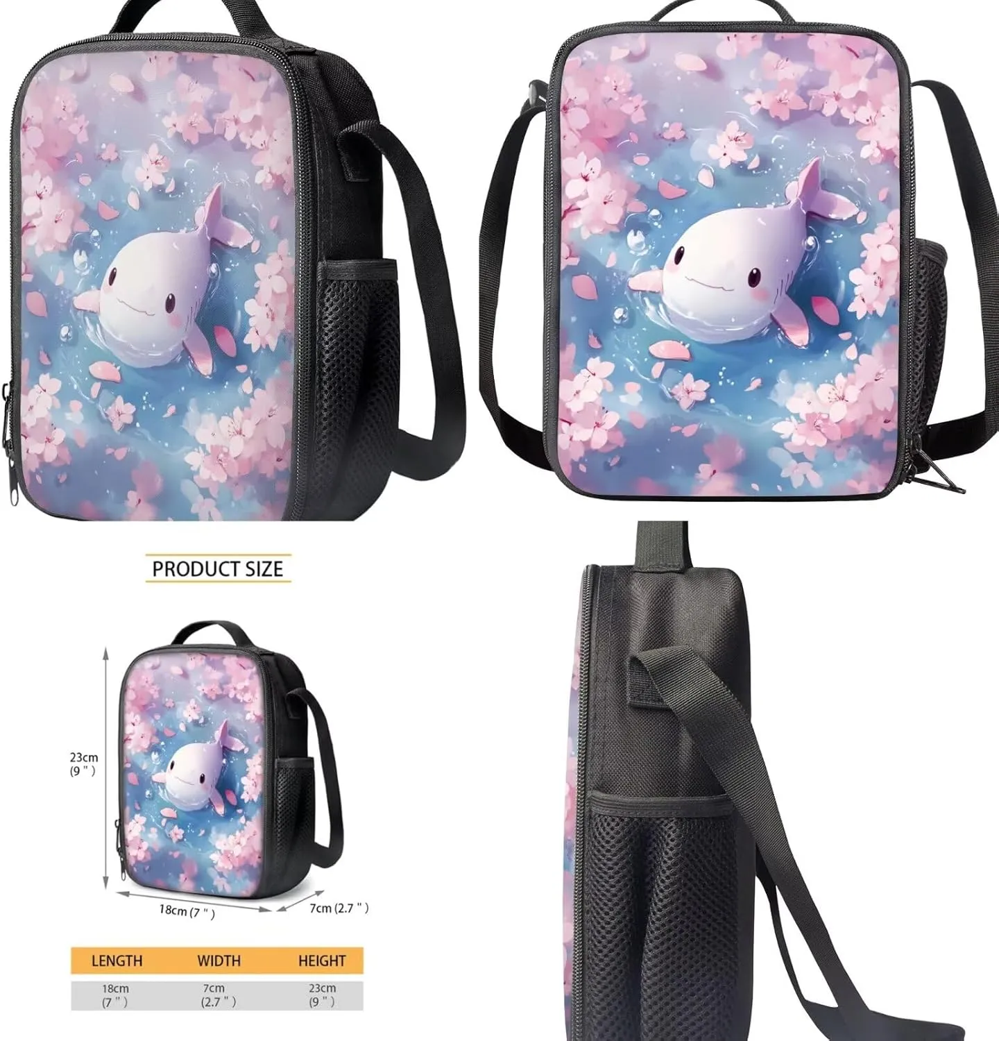 Axolotl Girls Backpack with Lunch Box Elementary Preschool Primary School Bag with Lunch Bag Children Student Bookbag Set for School 4 in1 Travel Daycare Rucksack for Teen Girls