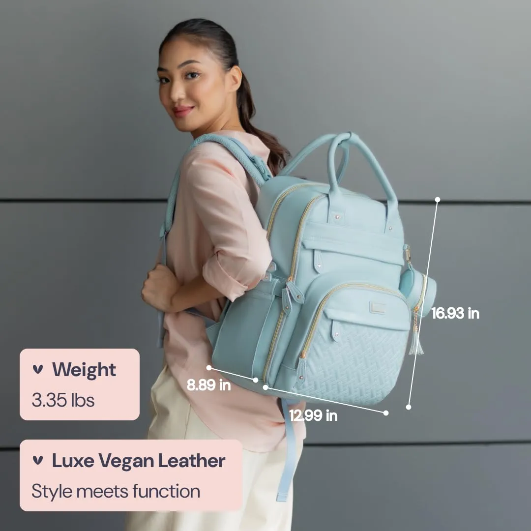 BabbleRoo Leather Diaper Bag Backpack - Baby Essentials Travel Baby Bag, Multi function, Waterproof, with Changing Pad, Stroller Straps & Pacifier Case – Unisex, Powder Blue