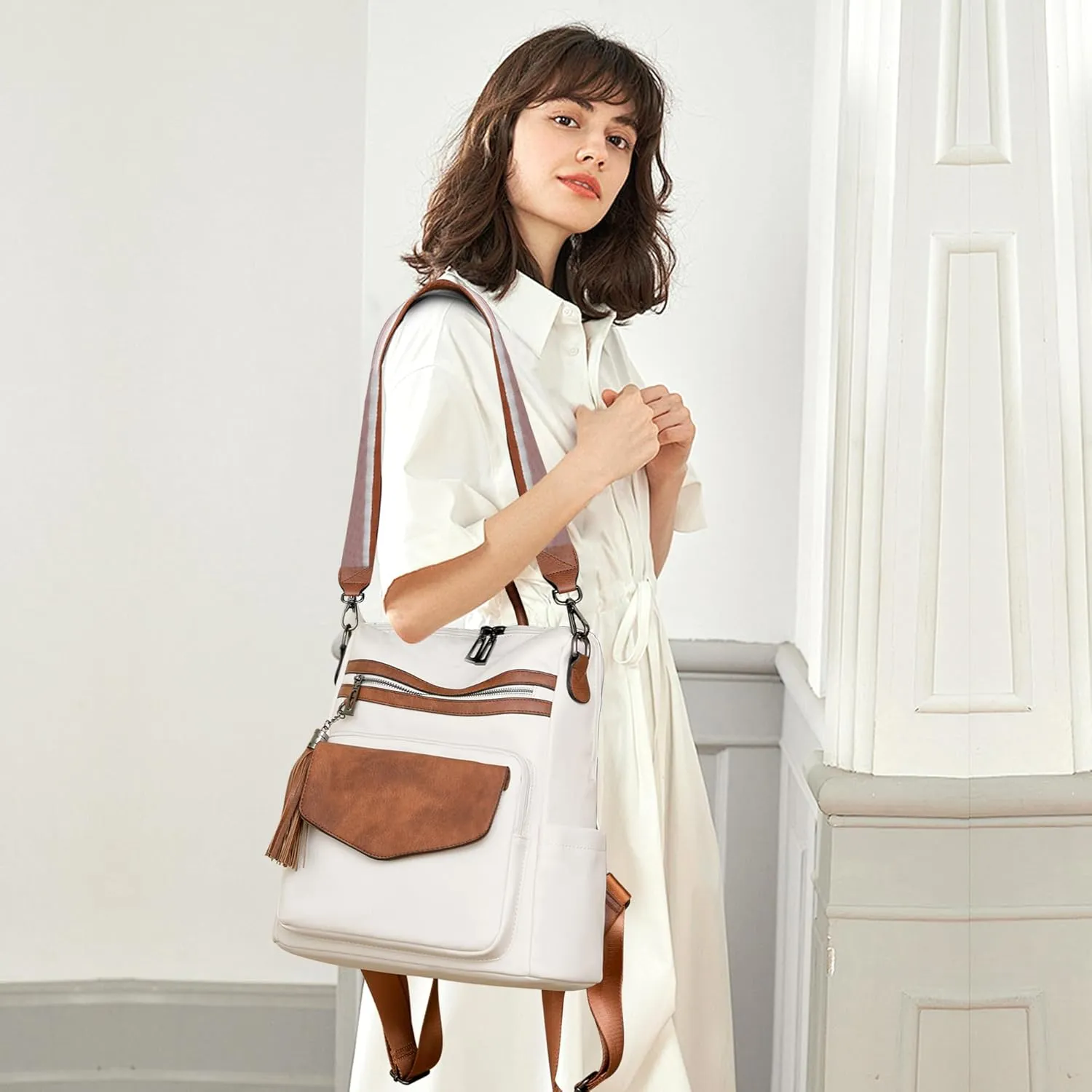 Backpack Purse for Women Fashion Designer Backpack Ladies Travel Convertible Shoulder Bags (White)