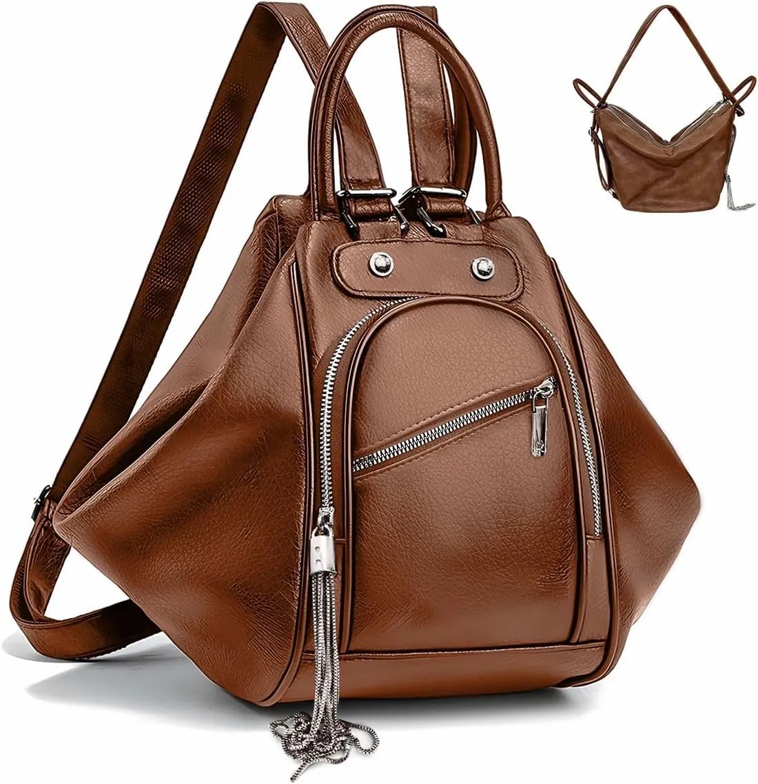 Backpack Purse for Women Large Womens Backpack PU Leather 3 in 1 Designer Travel Tote Handbag Convertible Backpack Purse Ladies Shoulder Bags with Tassel for Work College Travel