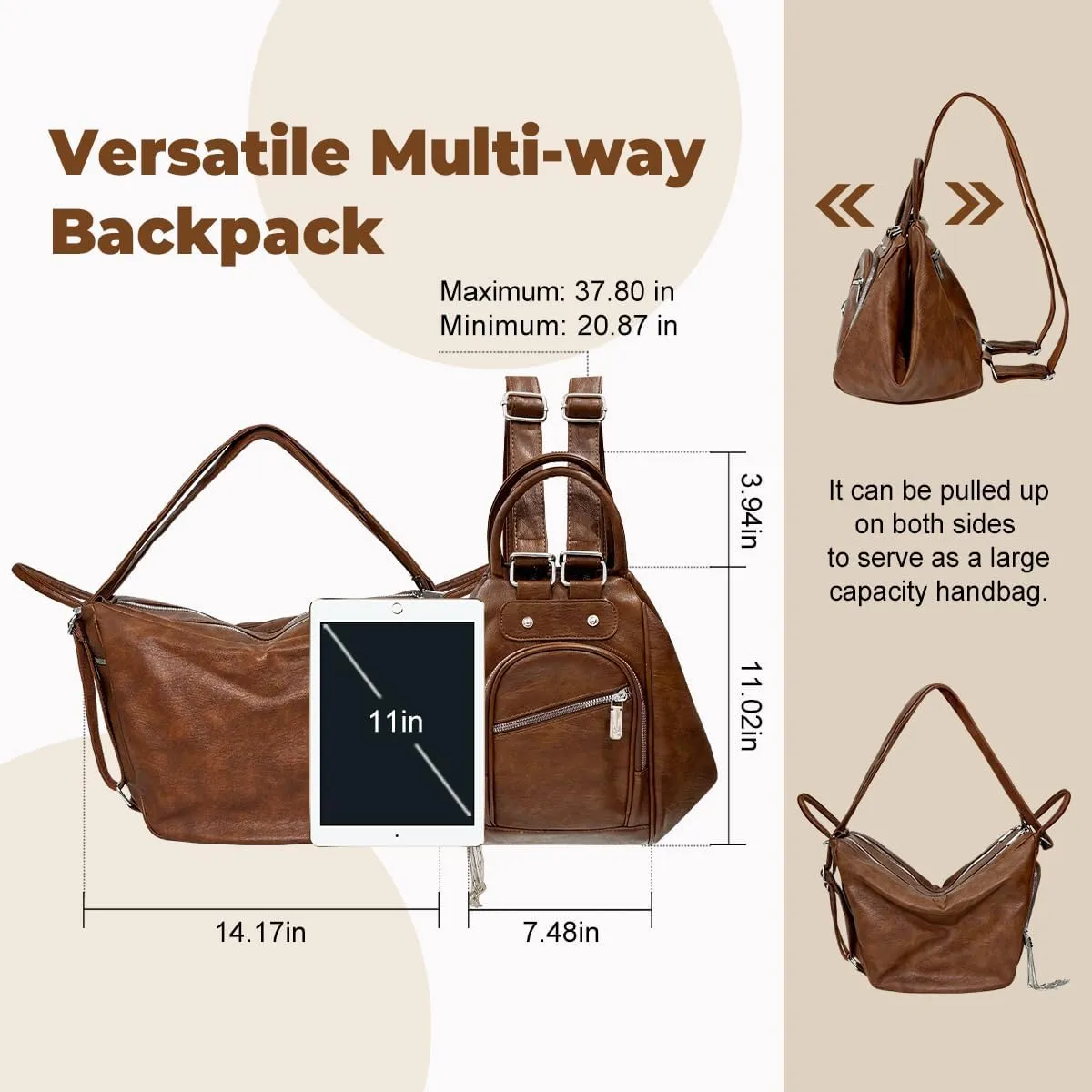 Backpack Purse for Women Large Womens Backpack PU Leather 3 in 1 Designer Travel Tote Handbag Convertible Backpack Purse Ladies Shoulder Bags with Tassel for Work College Travel