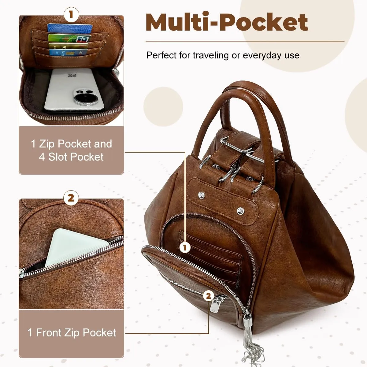 Backpack Purse for Women Large Womens Backpack PU Leather 3 in 1 Designer Travel Tote Handbag Convertible Backpack Purse Ladies Shoulder Bags with Tassel for Work College Travel