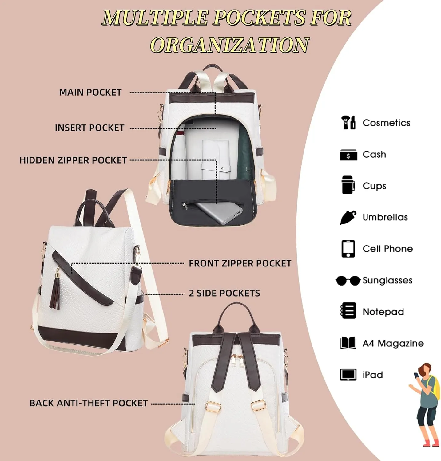 Backpack Purse for Women Leather Anti-theft Shoulder Bags Fashion Convertible Lightweight Travel Bag Women's Handbag (white)