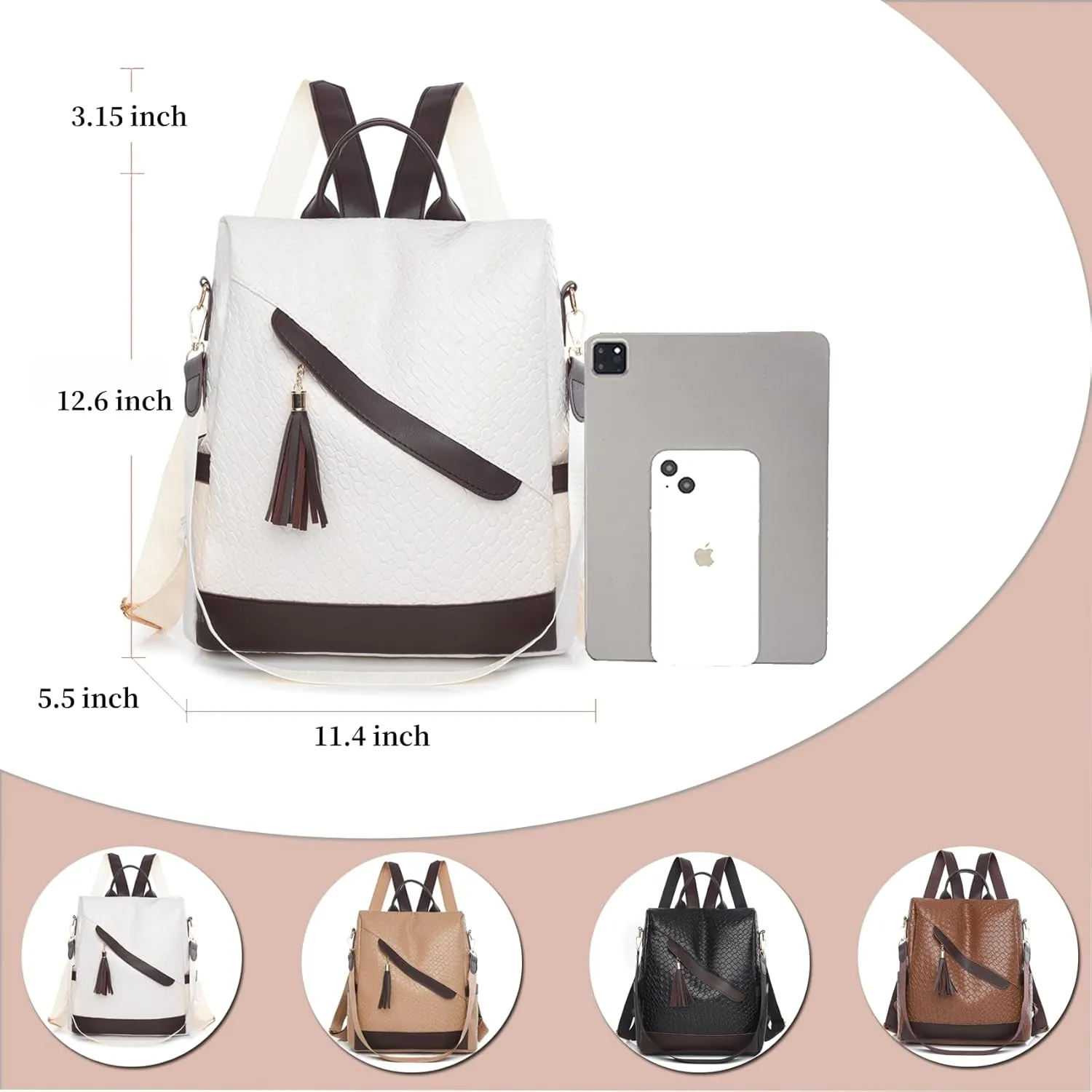 Backpack Purse for Women Leather Anti-theft Shoulder Bags Fashion Convertible Lightweight Travel Bag Women's Handbag (white)