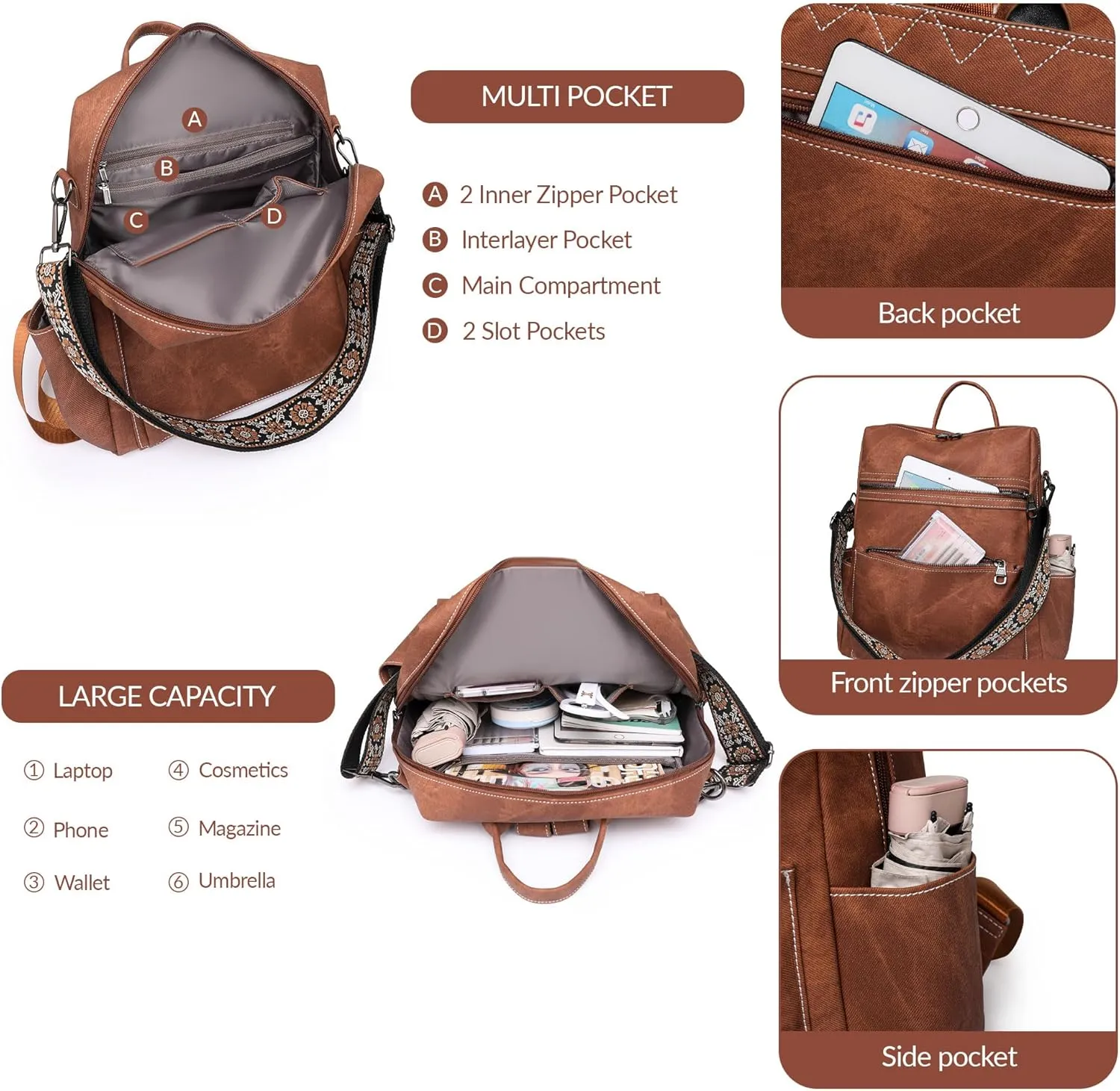 Backpack Purse for Women Pu Leather Travel Backpack Fashion Designer Shoulder Bag Ladies Convertible Handbags