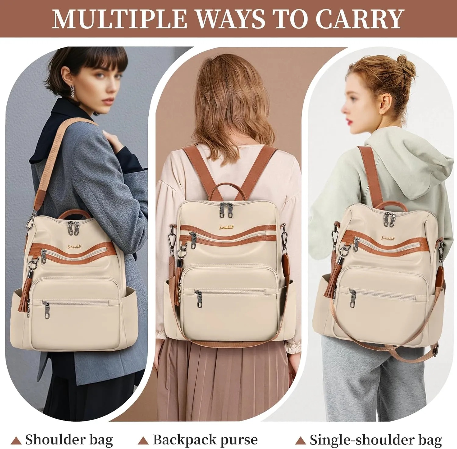Backpack Purse for Women Travel Convertible Shoulder Tassel Bag Ladies Work Travel Handbags