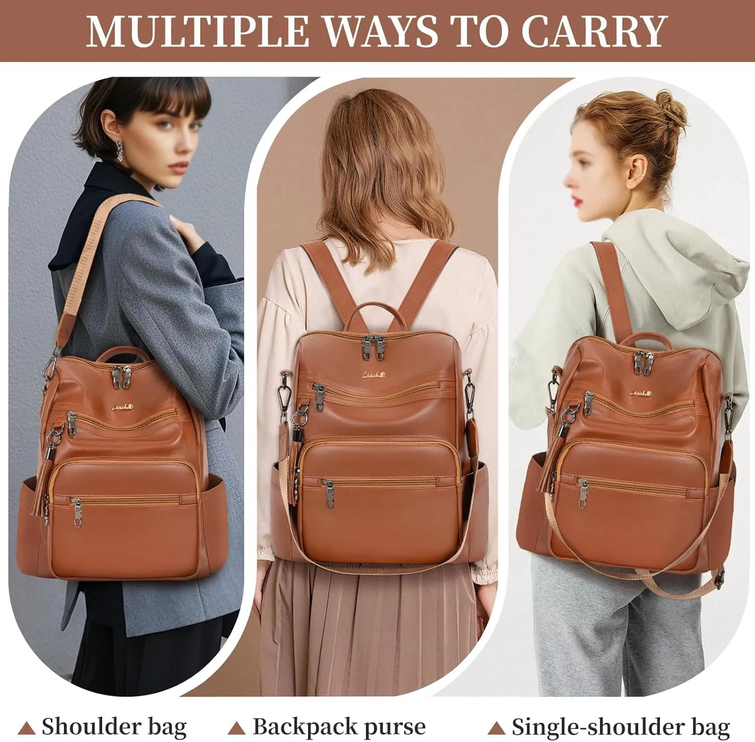 Backpack Purse for Women Travel Convertible Shoulder Tassel Bag Ladies Work Travel Handbags