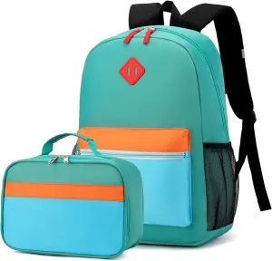 Backpack Set for Girls Boy Kids Backpack with Lunch Box for Elementary Primary Kindergarten School Bag (Lake Green Blue Set, Large)