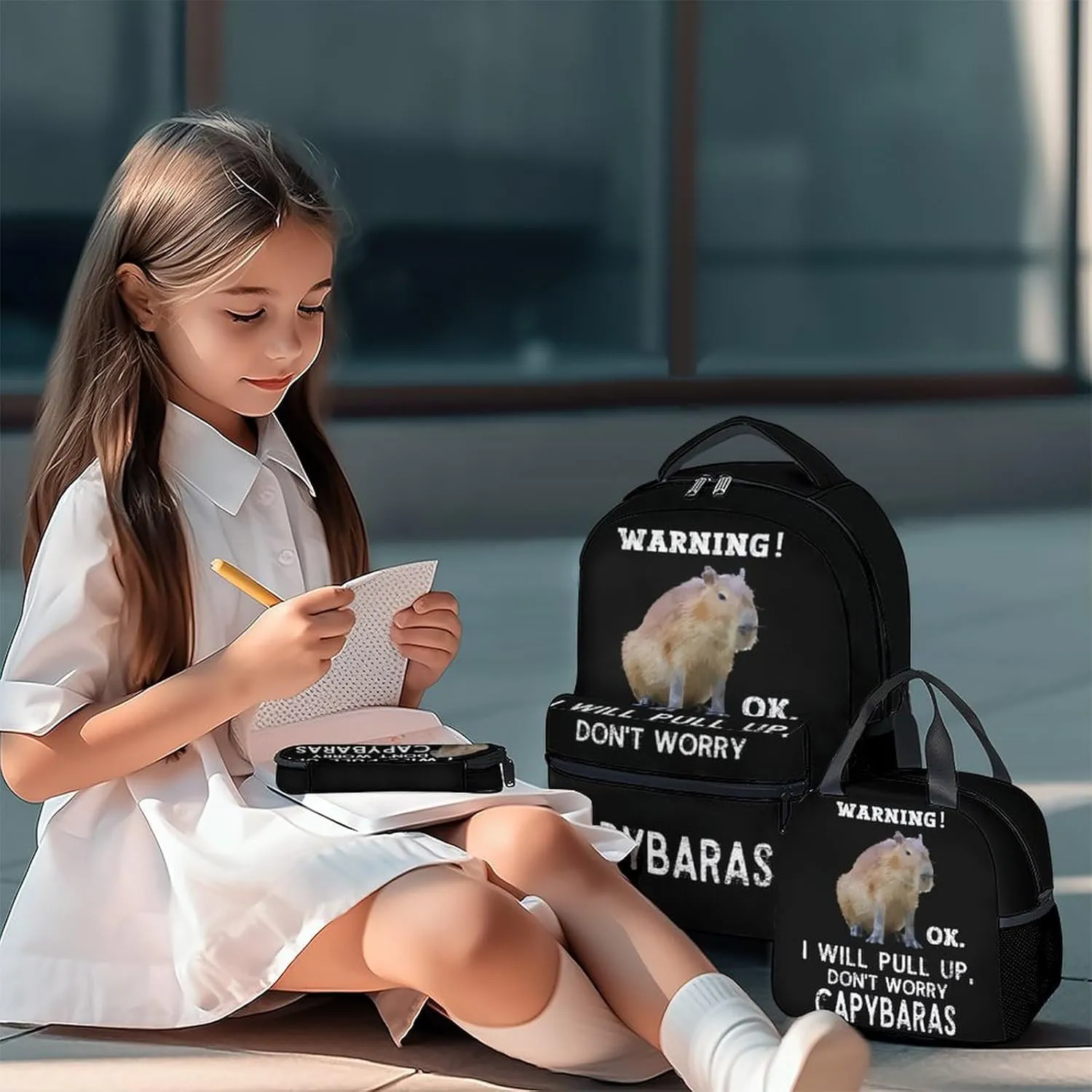 Backpack with Lunch Box for Elementary - Set of 3 School Backpacks Matching Combo - Funny Black Bookbag and Pencil Case Bundle