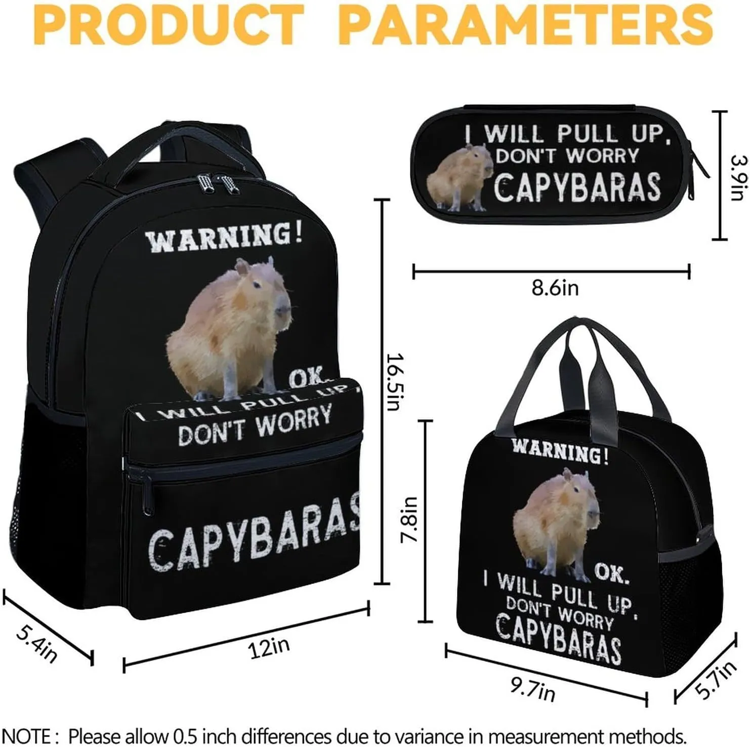 Backpack with Lunch Box for Elementary - Set of 3 School Backpacks Matching Combo - Funny Black Bookbag and Pencil Case Bundle