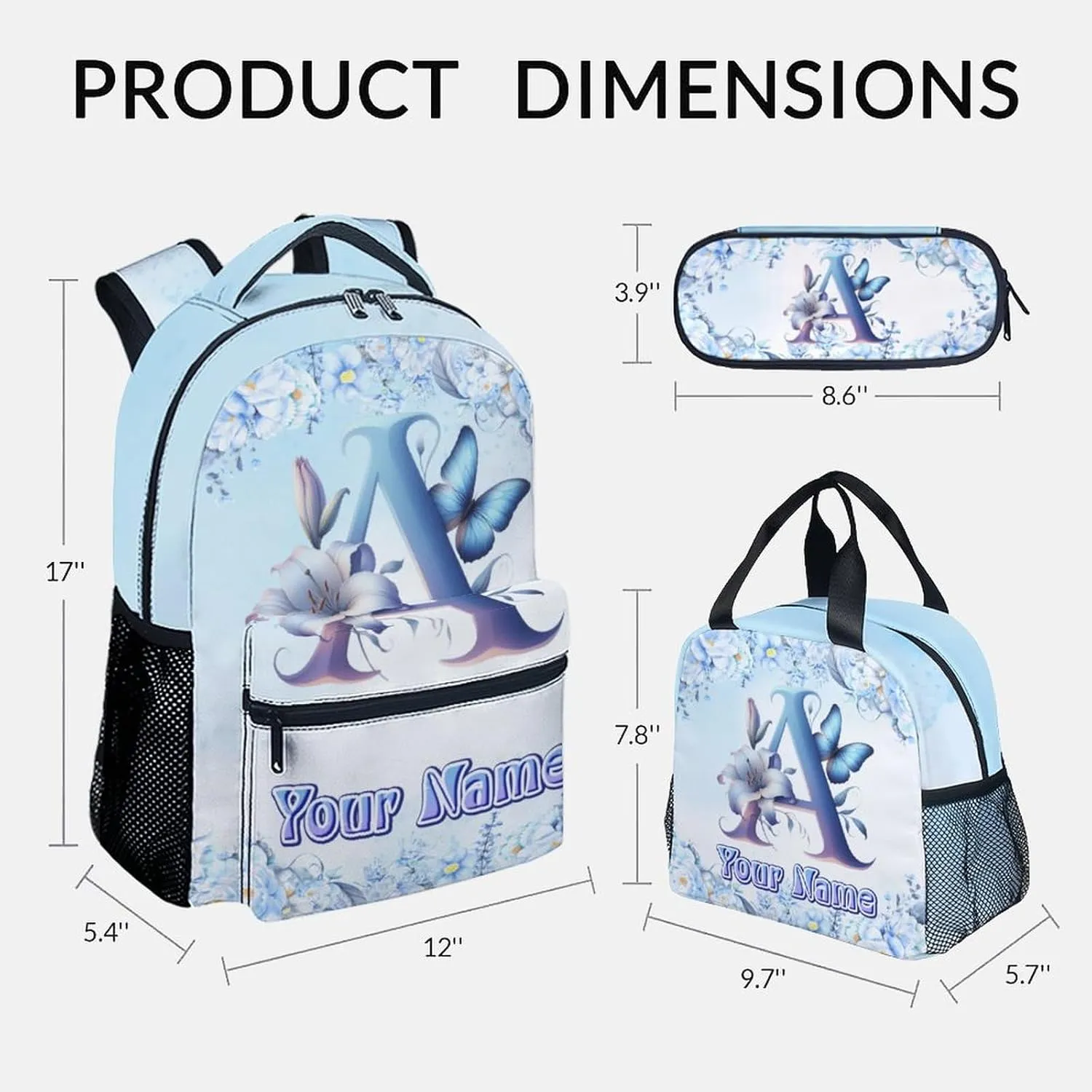 Backpack with Lunch Box for Girls, Personalized Backpacks for Kids Women, Butterfly Bookbags Initial School Bag with Pencil Case, 17 Inch Blue Monogram Bookbag