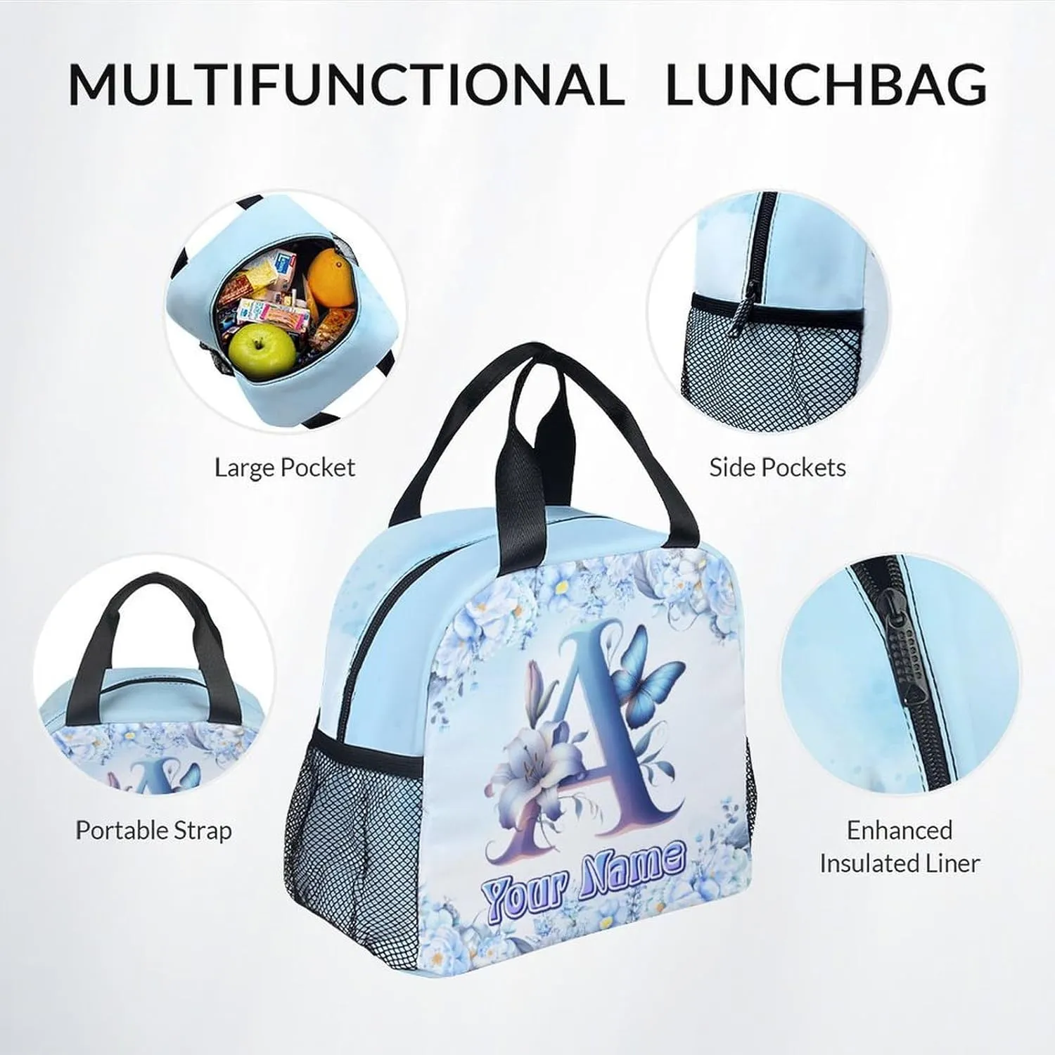 Backpack with Lunch Box for Girls, Personalized Backpacks for Kids Women, Butterfly Bookbags Initial School Bag with Pencil Case, 17 Inch Blue Monogram Bookbag