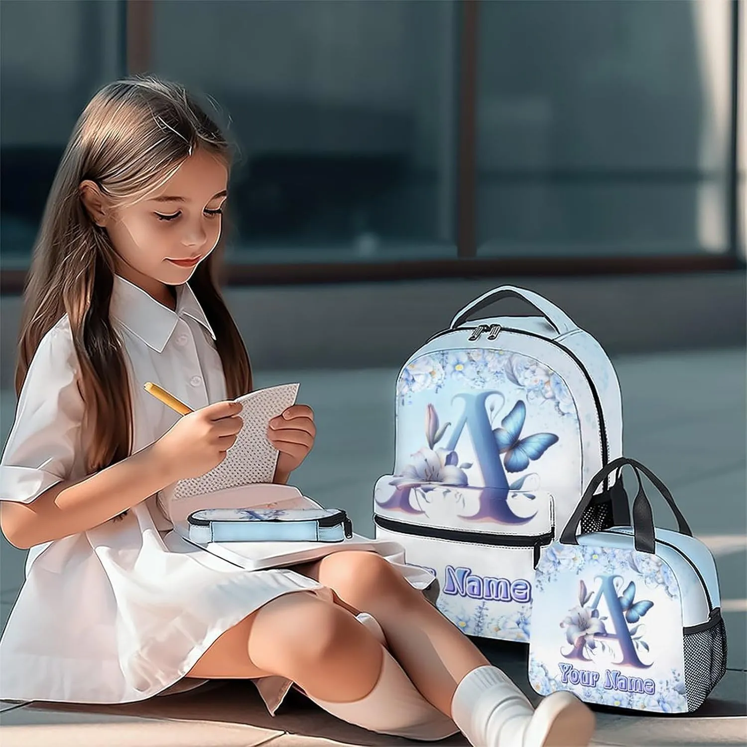 Backpack with Lunch Box for Girls, Personalized Backpacks for Kids Women, Butterfly Bookbags Initial School Bag with Pencil Case, 17 Inch Blue Monogram Bookbag