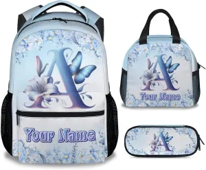 Backpack with Lunch Box for Girls, Personalized Backpacks for Kids Women, Butterfly Bookbags Initial School Bag with Pencil Case, 17 Inch Blue Monogram Bookbag
