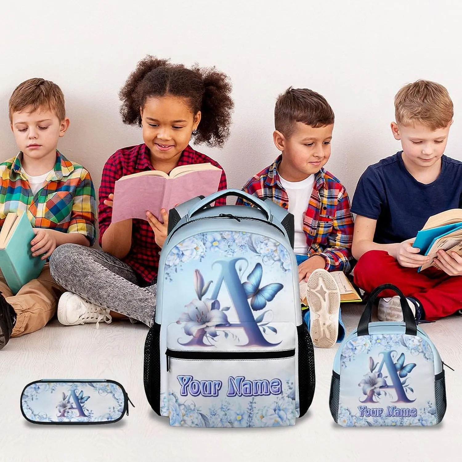 Backpack with Lunch Box for Girls, Personalized Backpacks for Kids Women, Butterfly Bookbags Initial School Bag with Pencil Case, 17 Inch Blue Monogram Bookbag