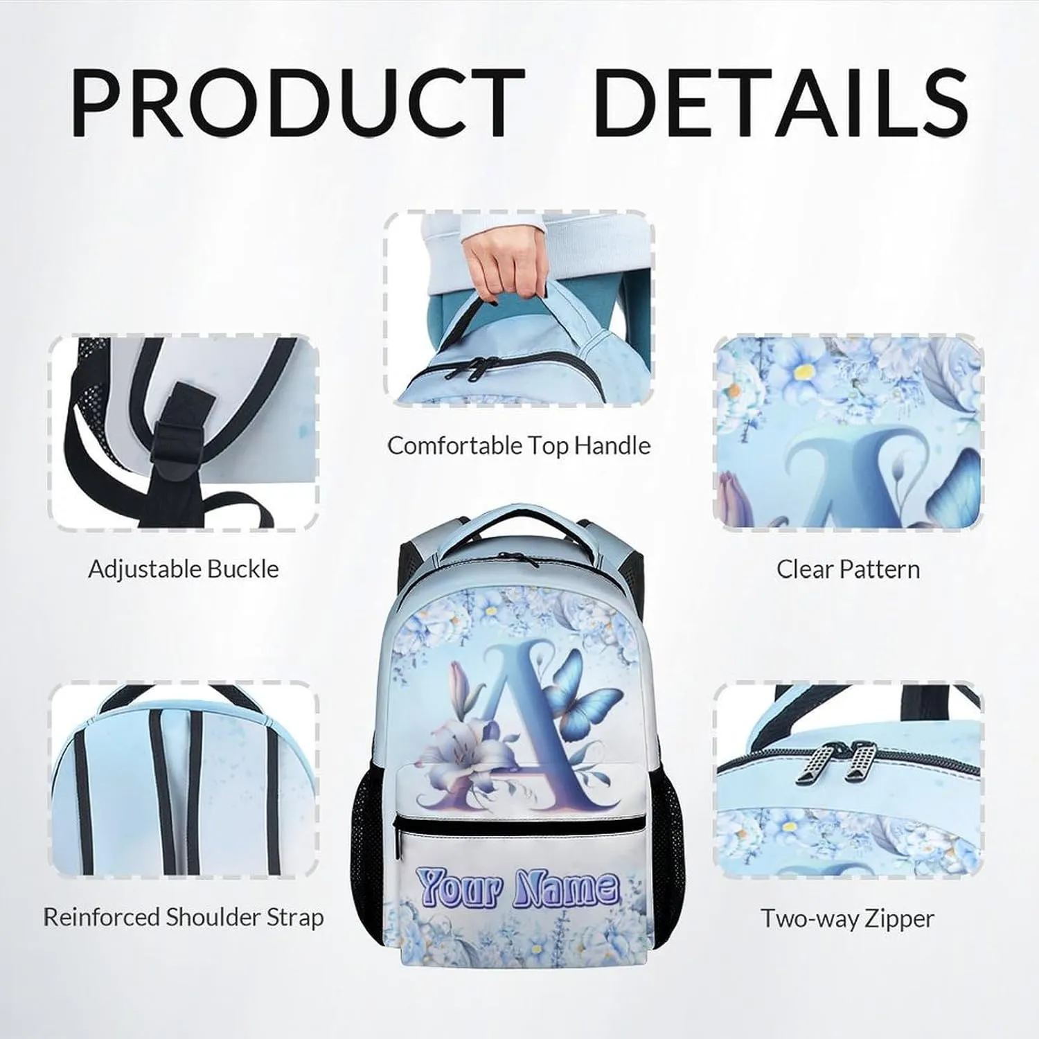 Backpack with Lunch Box for Girls, Personalized Backpacks for Kids Women, Butterfly Bookbags Initial School Bag with Pencil Case, 17 Inch Blue Monogram Bookbag