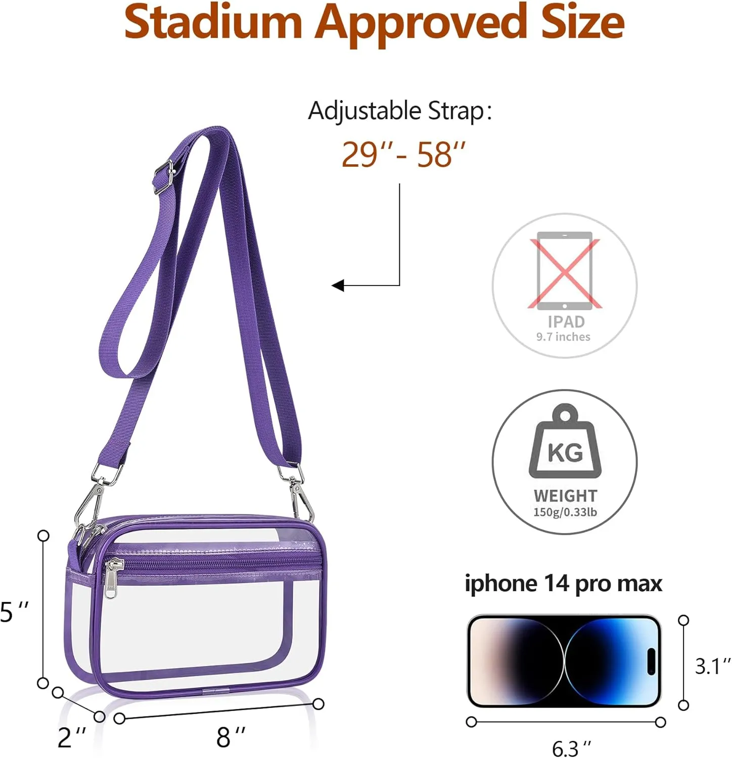 Bagenius Clear Bag for Stadium Events Clear Purse with Removable Strap Transparent Bag for Concert and Sport Events