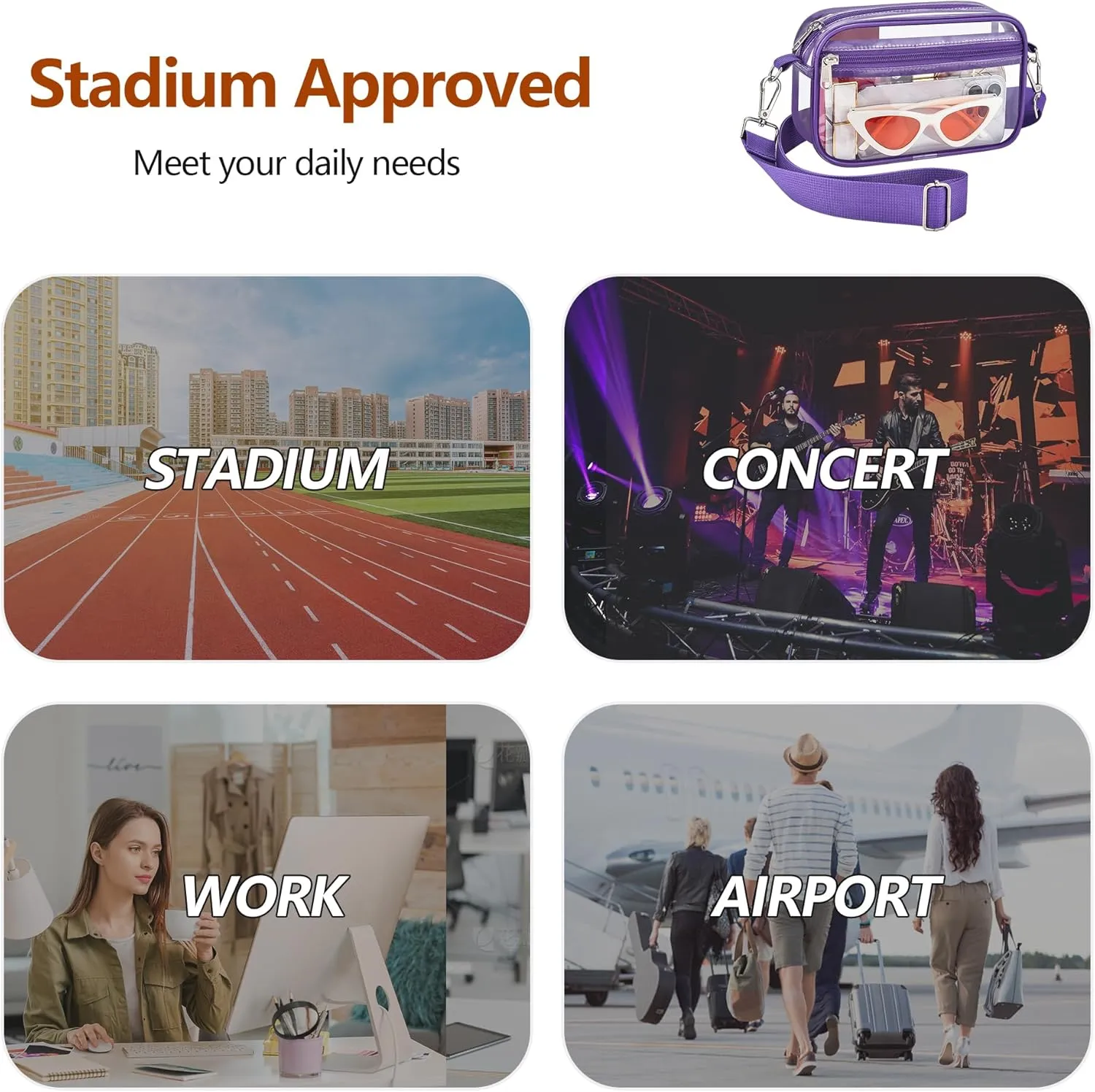 Bagenius Clear Bag for Stadium Events Clear Purse with Removable Strap Transparent Bag for Concert and Sport Events