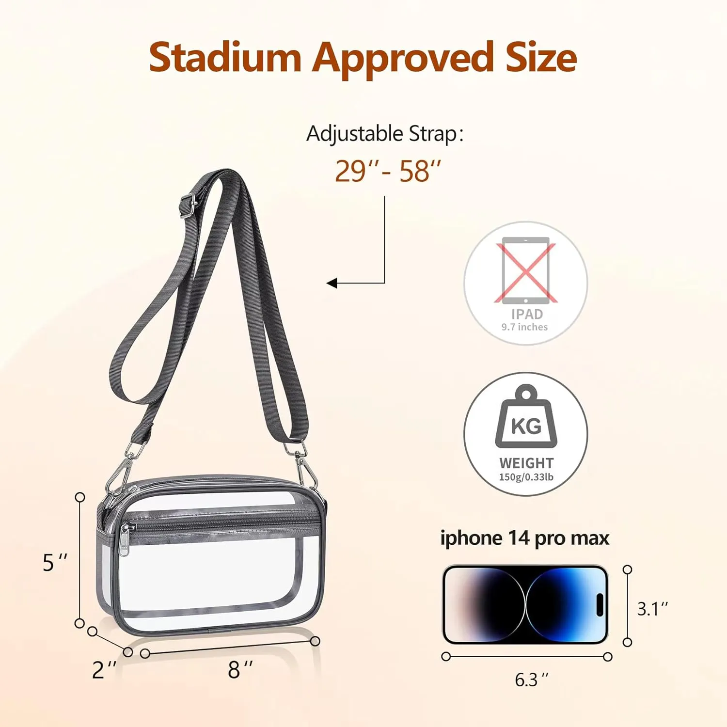 Bagenius Clear Bag for Stadium Events Clear Purse with Removable Strap Transparent Bag for Concert and Sport Events